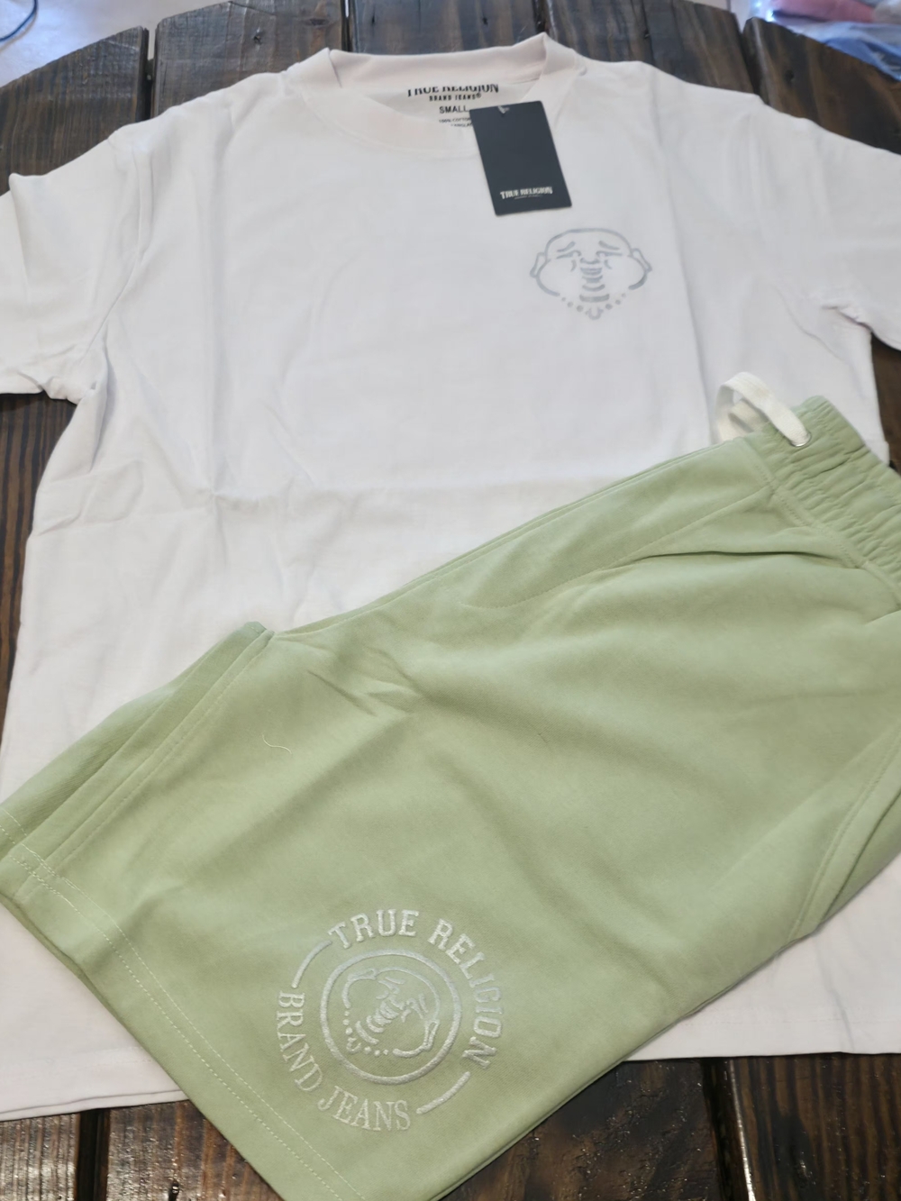 True Religion White Tee & Sage Green Shorts Set